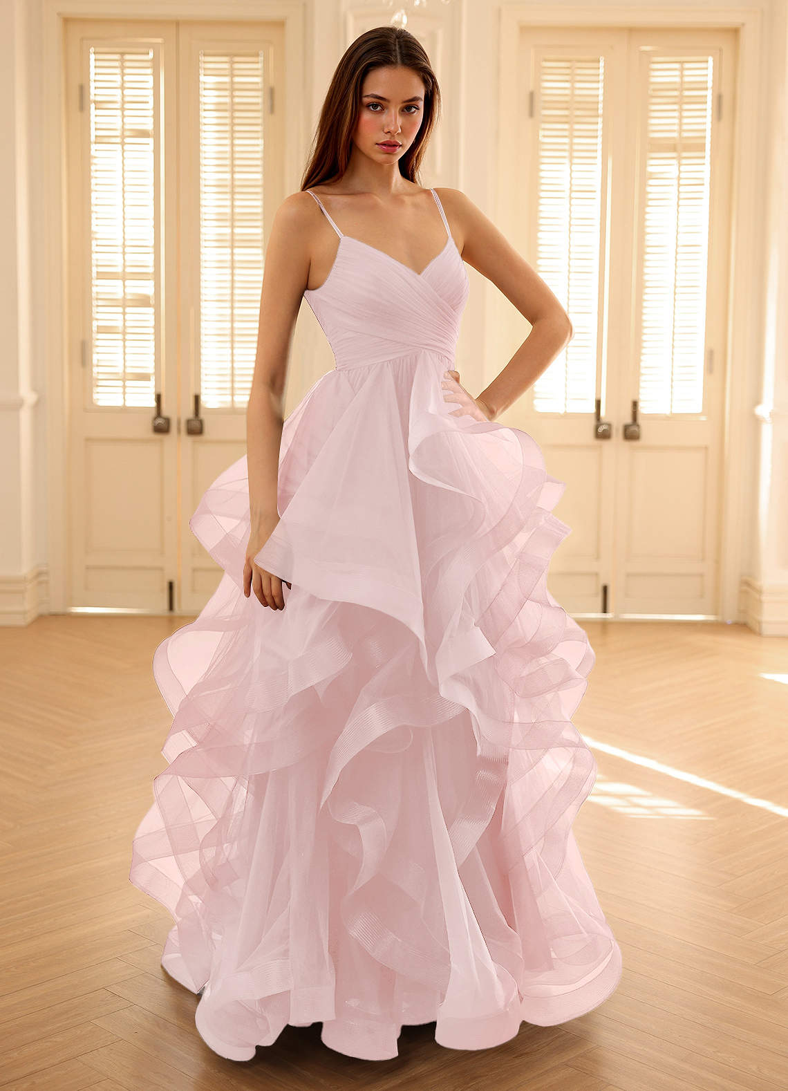 Carmencita Powder Pink A-Line Ruffles Prom Dress