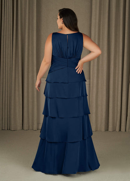 Dark Navy A-Line Pleated Stretch Satin Dress