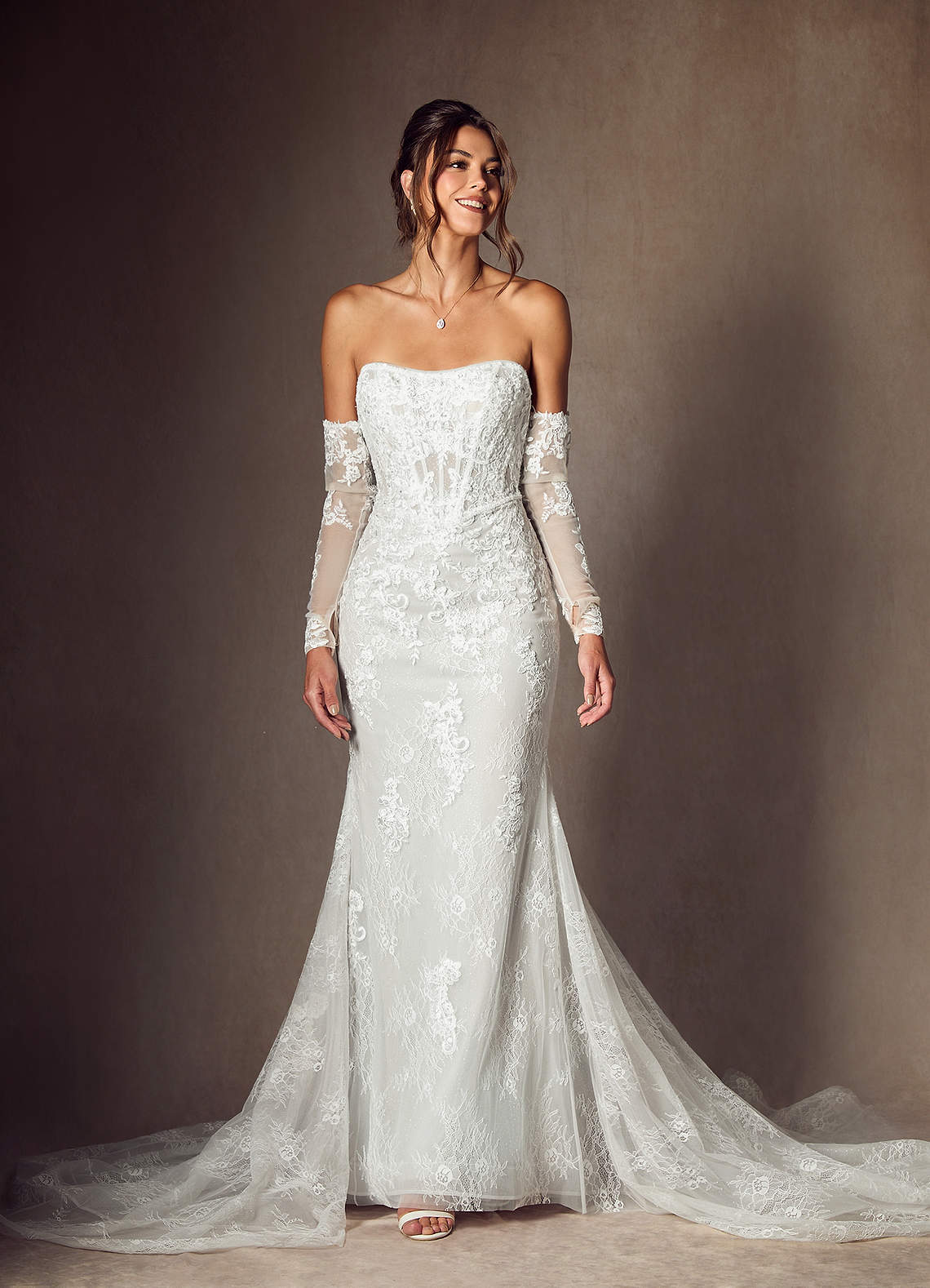 Diamond White Mermaid Strapless Lace Dress