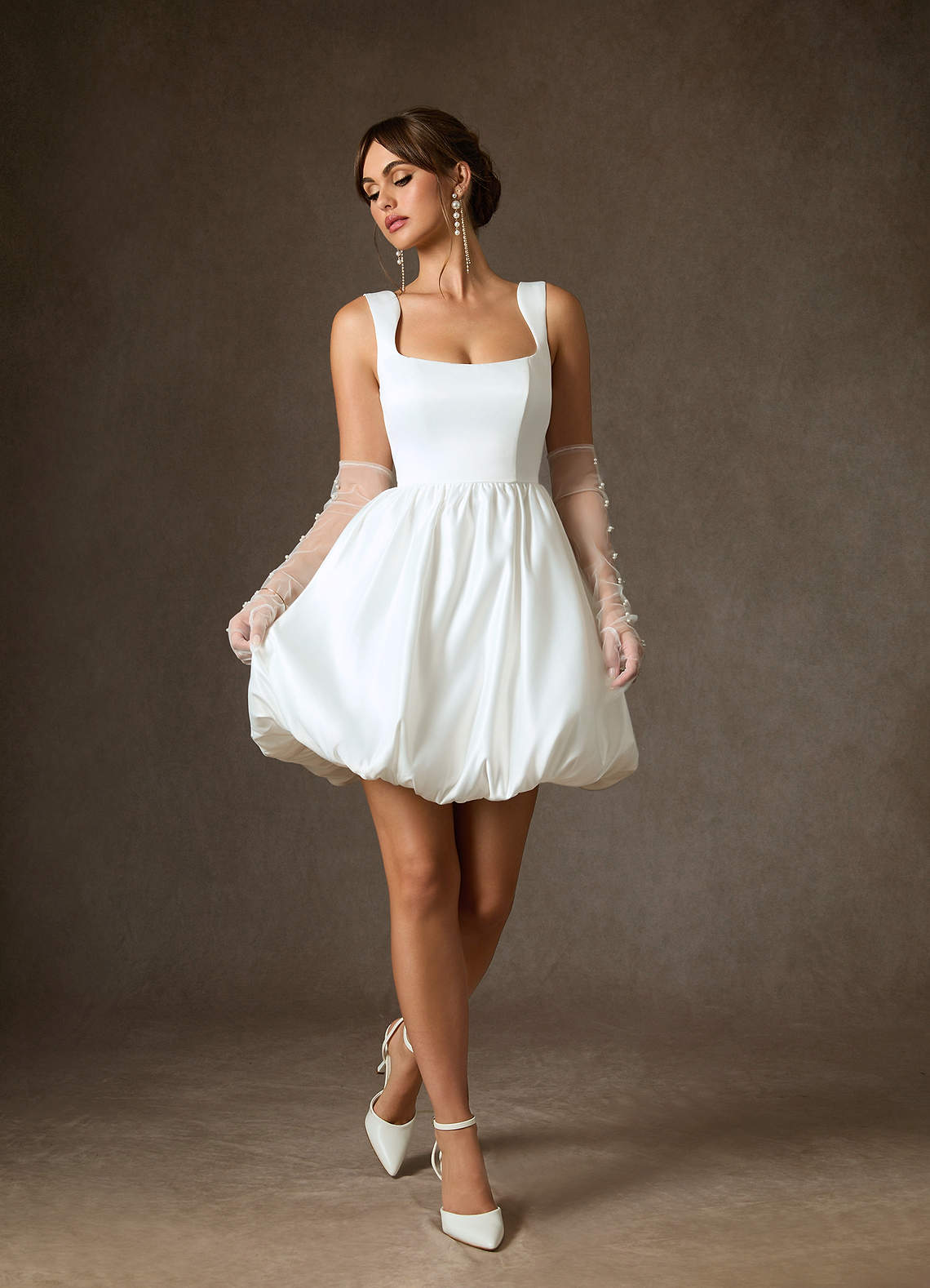 Diamond White A-Line with Pockets Satin Dress