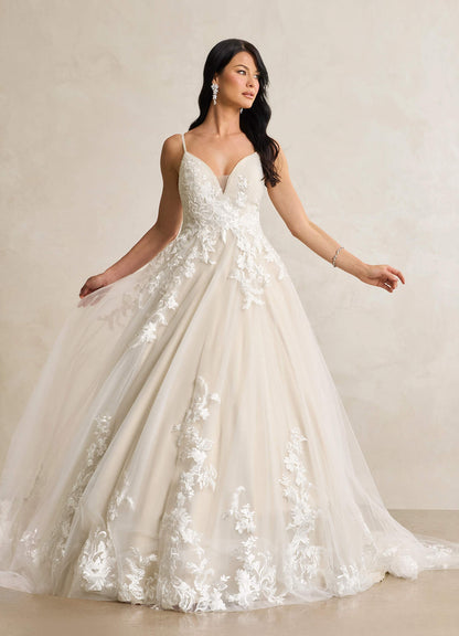 Diamond White Champagne A-Line V-Neck Sequins Tulle Dress