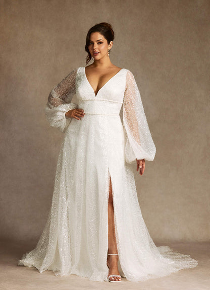 Diamond White A-Line V-Neck Beading Dress