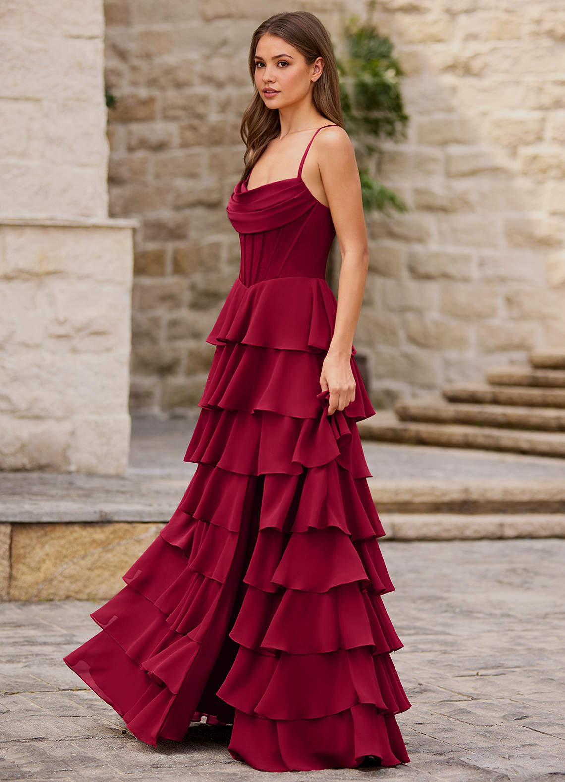 Rhythm Dark Red Ruffled A-Line Prom Dress  Dress