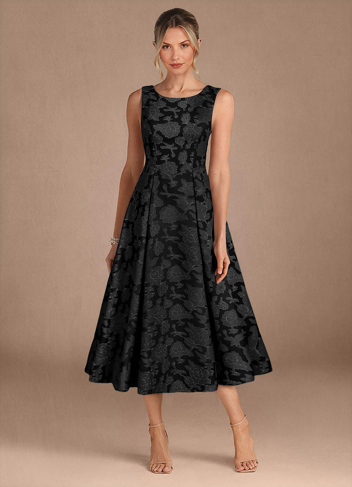 Black A-Line Pleated Floral Burnout Dress