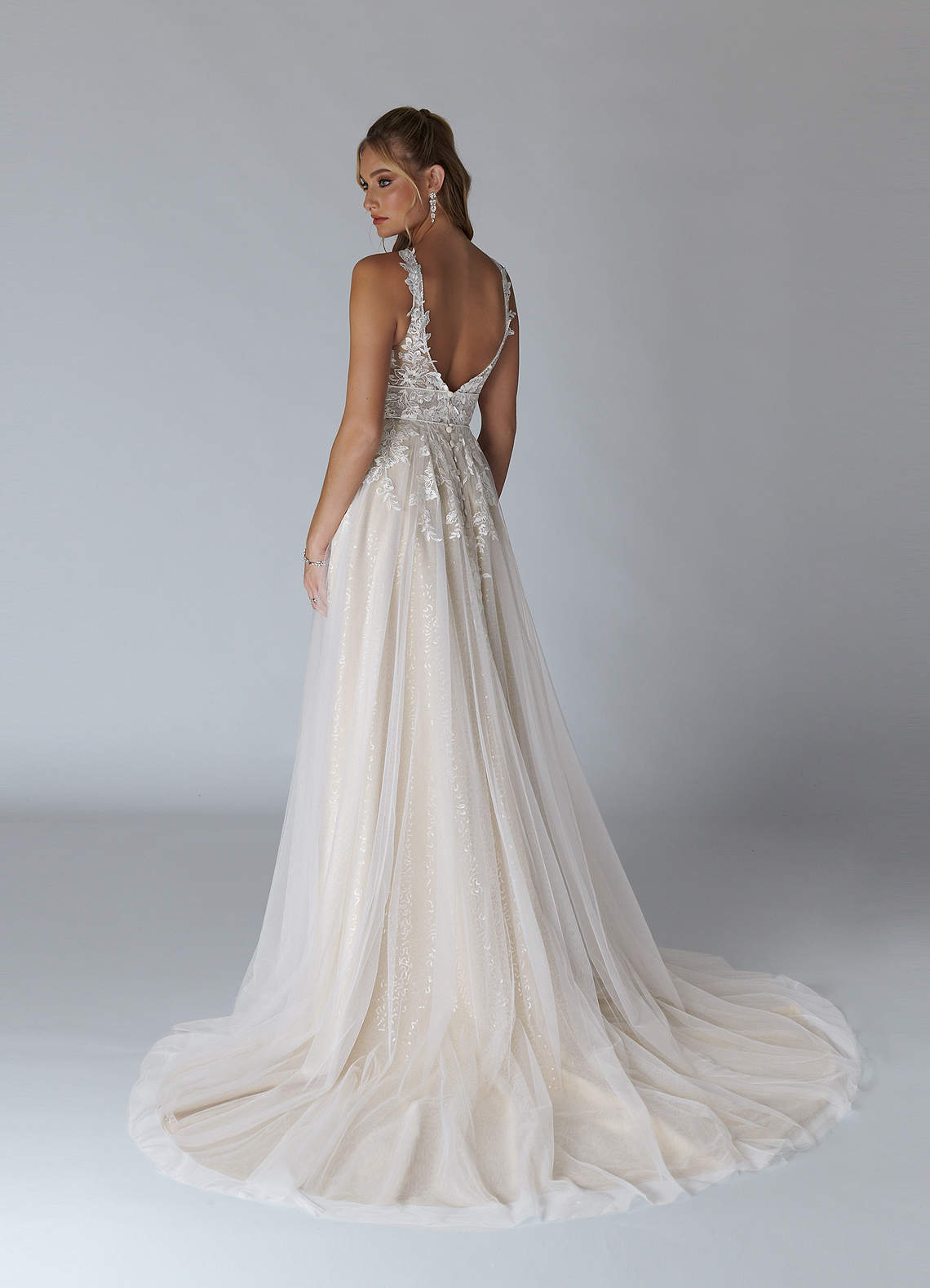 Diamond White Champagne A-Line Sequins Tulle Dress