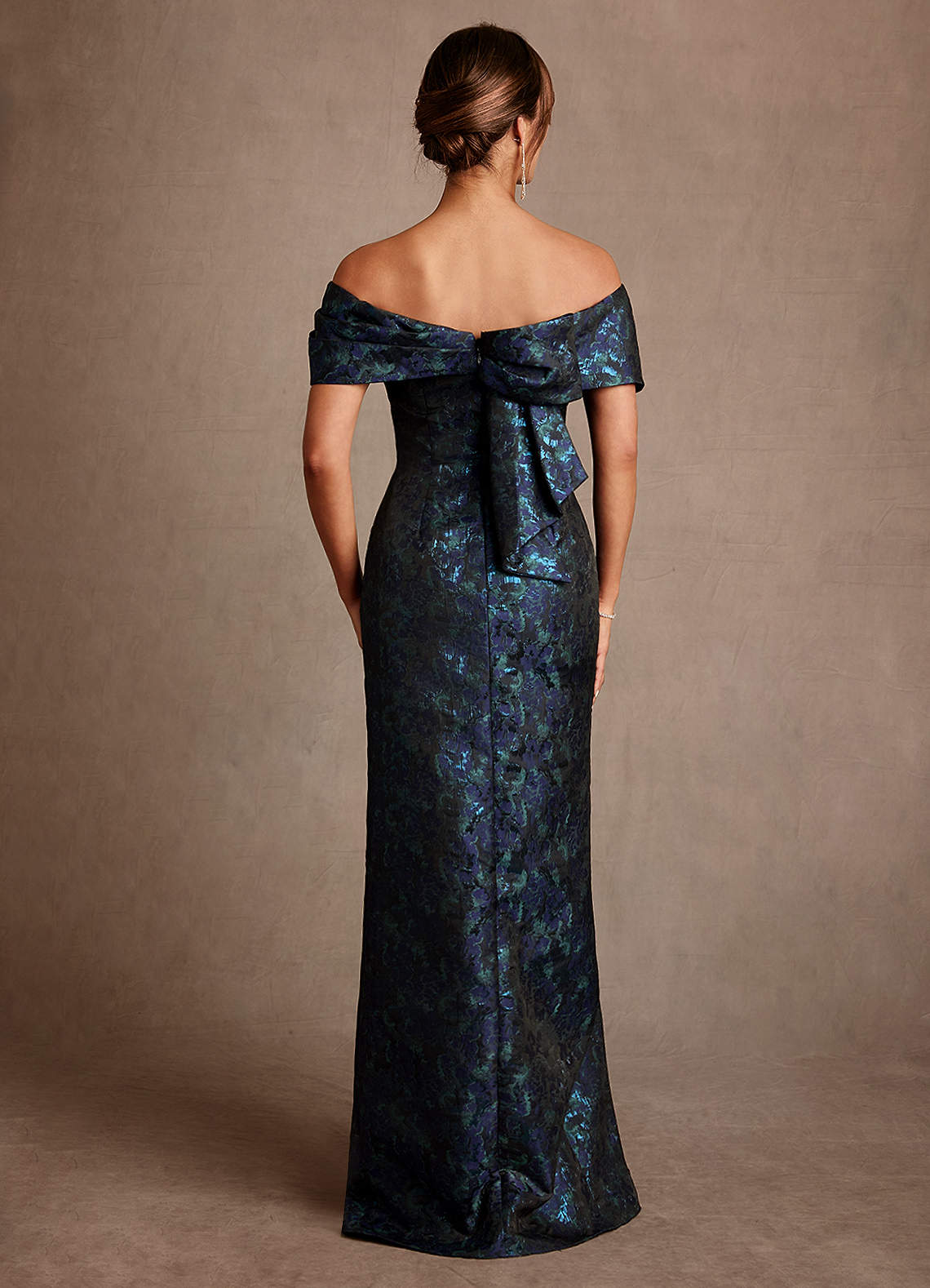 Dark Navy Sheath Off the Shoulder Floral Jacquard Dress