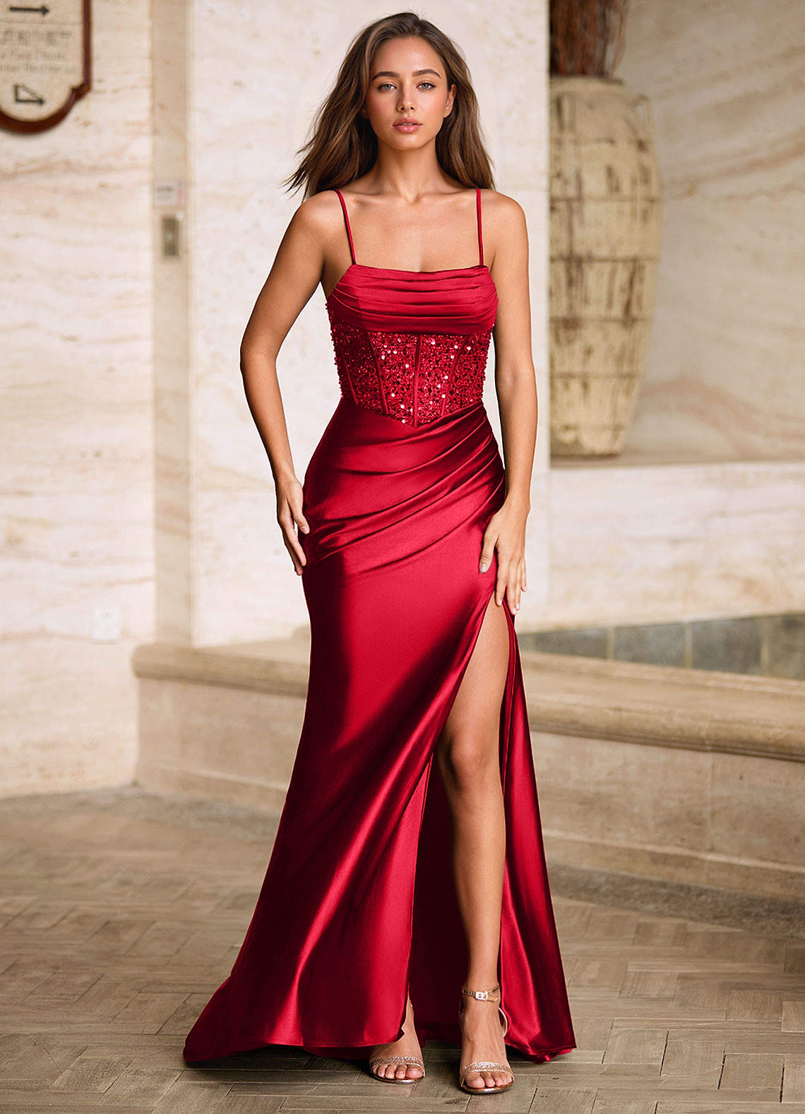 Starlit Red Cowl Neck Prom Dress