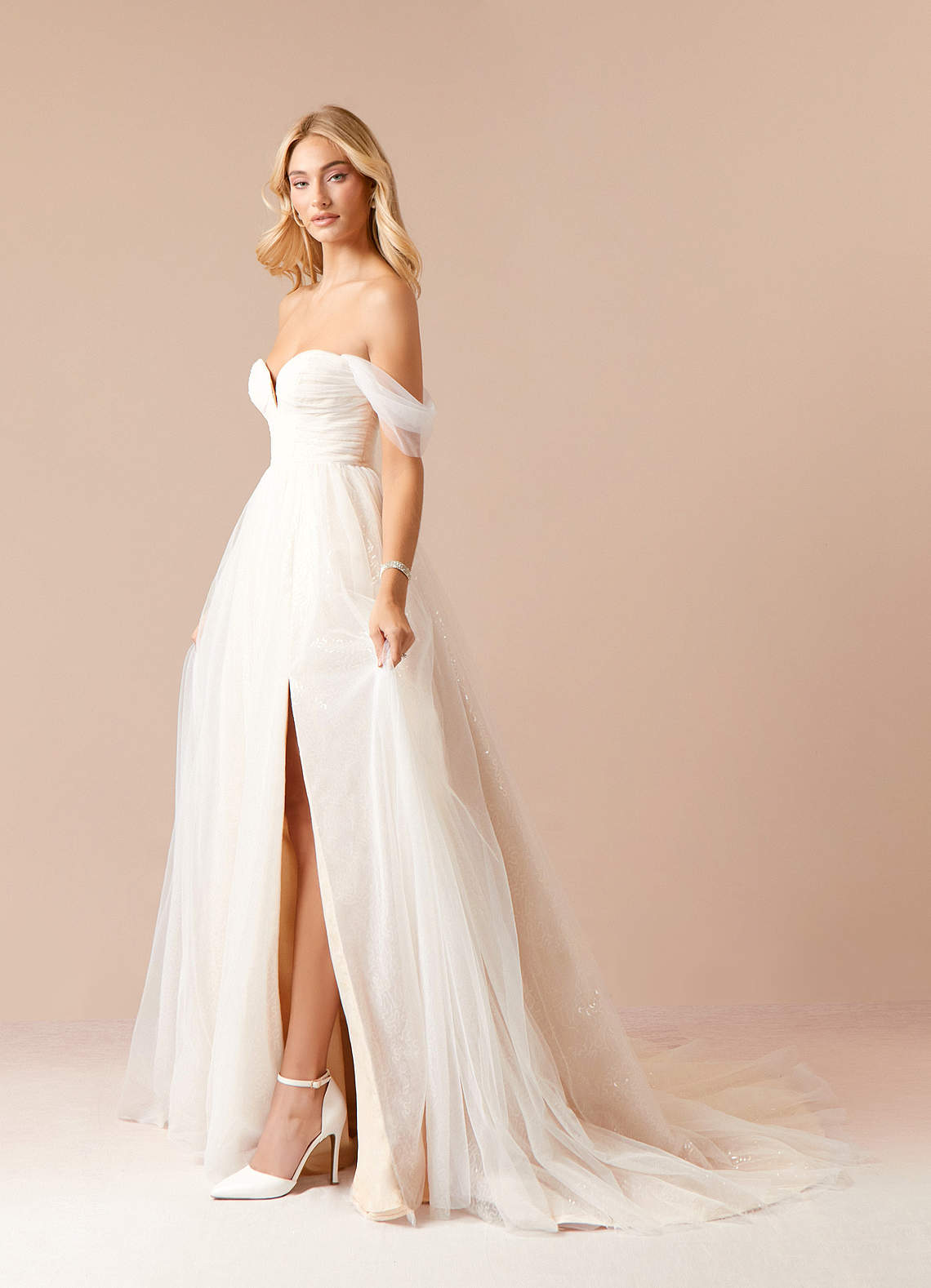 Diamond White Champagne A-Line Off the Shoulder Tulle Dress