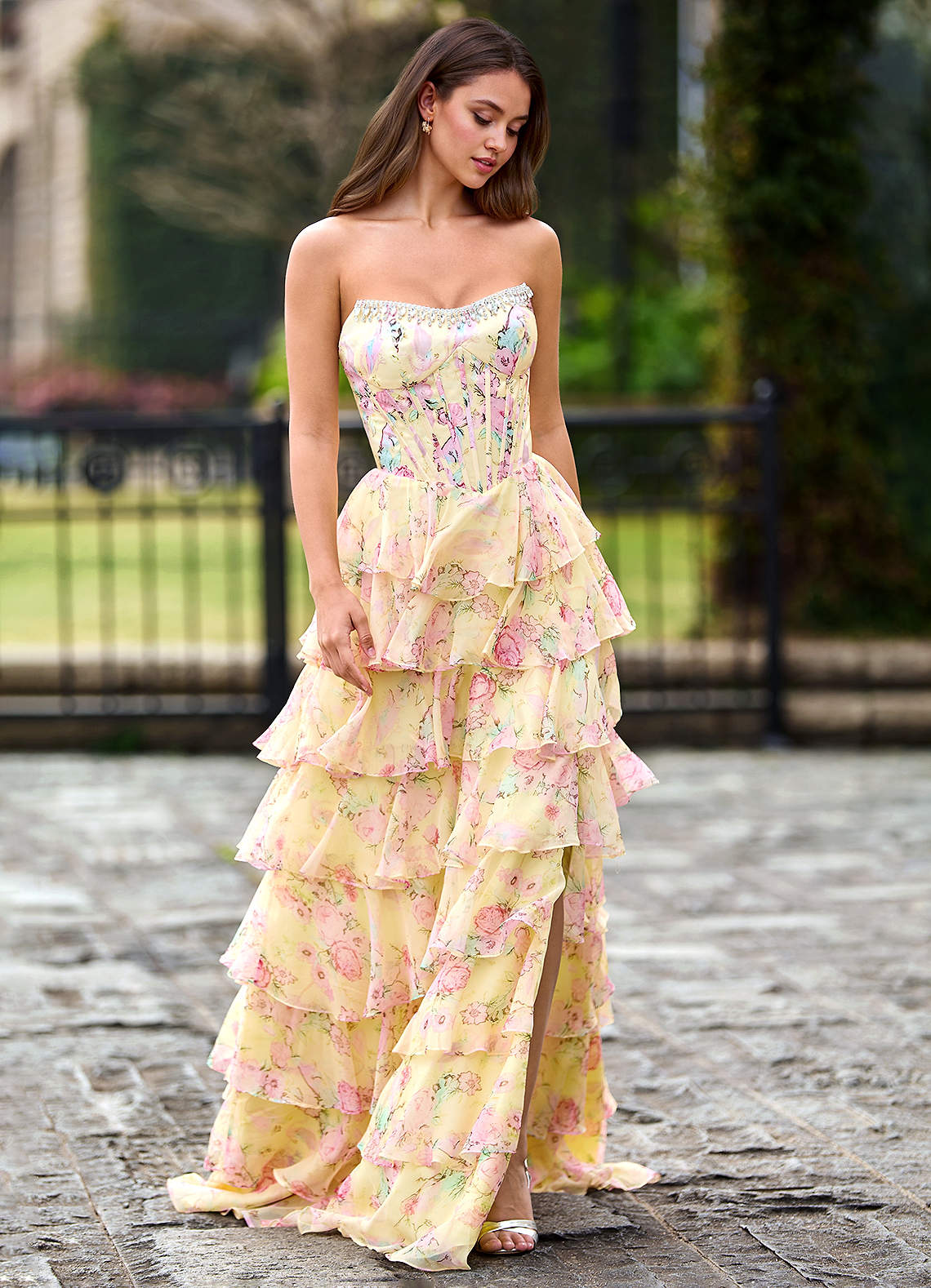 Papapym Yellow Printed Flowers Prom Dress
