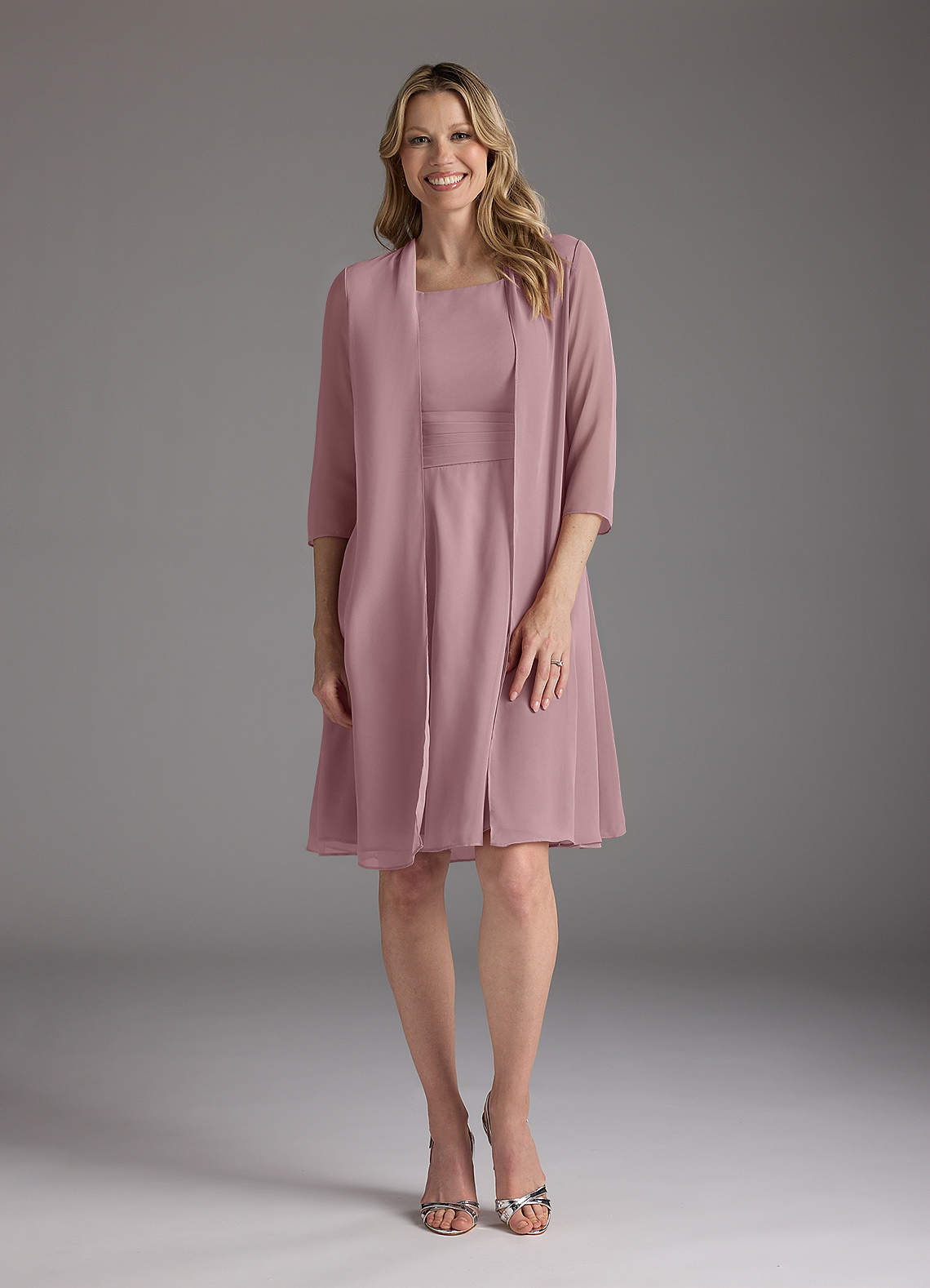 Dusty Rose A-Line Scoop Pleated Chiffon Dress