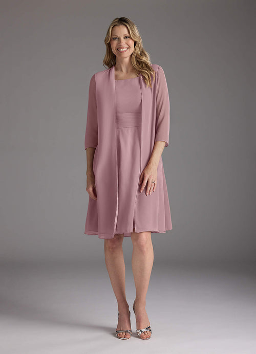 Dusty Rose A-Line Scoop Pleated Chiffon Dress