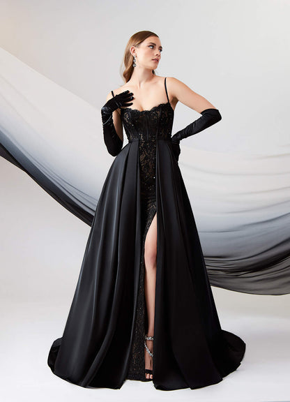 Black Nude A-Line Sequins Stretch Satin Dress
