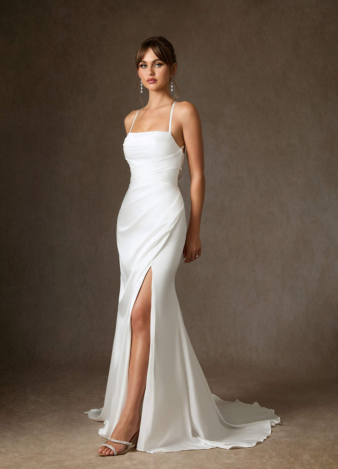 Diamond White Mermaid Pleated Stretch Satin Dress
