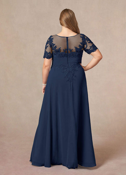 Dark Navy A-Line Lace Chiffon Dress