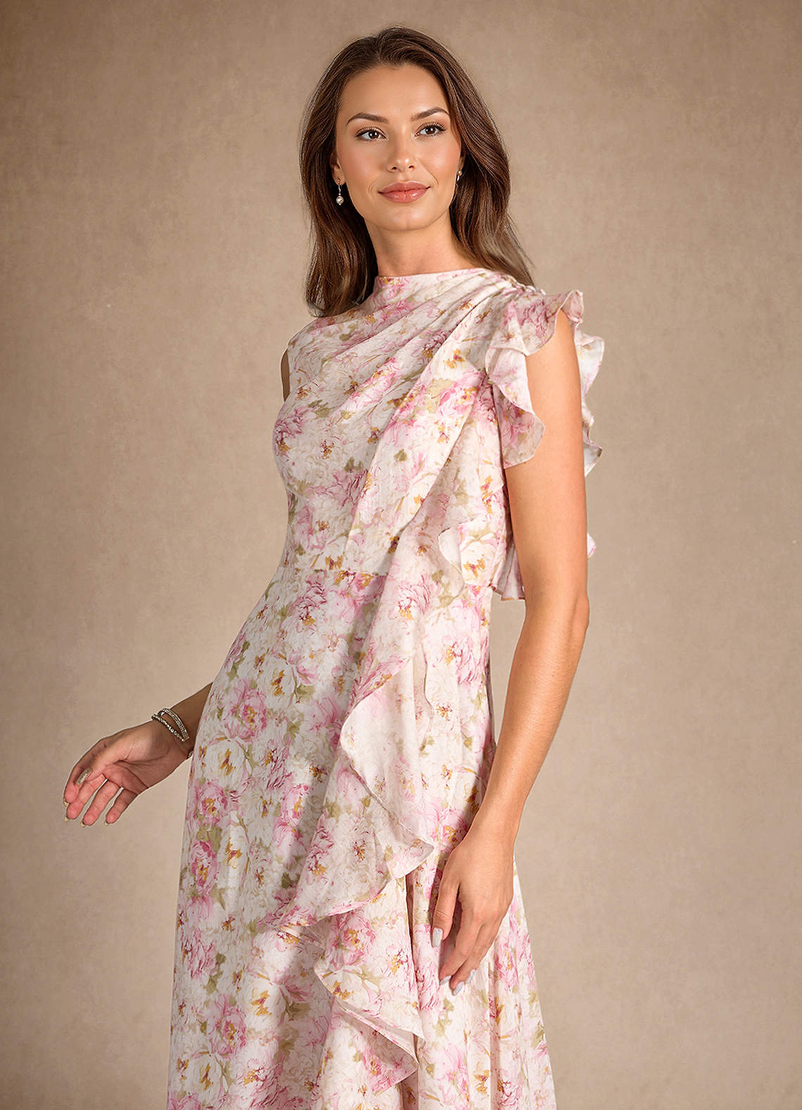 Antique Rose Floral A-Line Pleated Floral Chiffon Dress