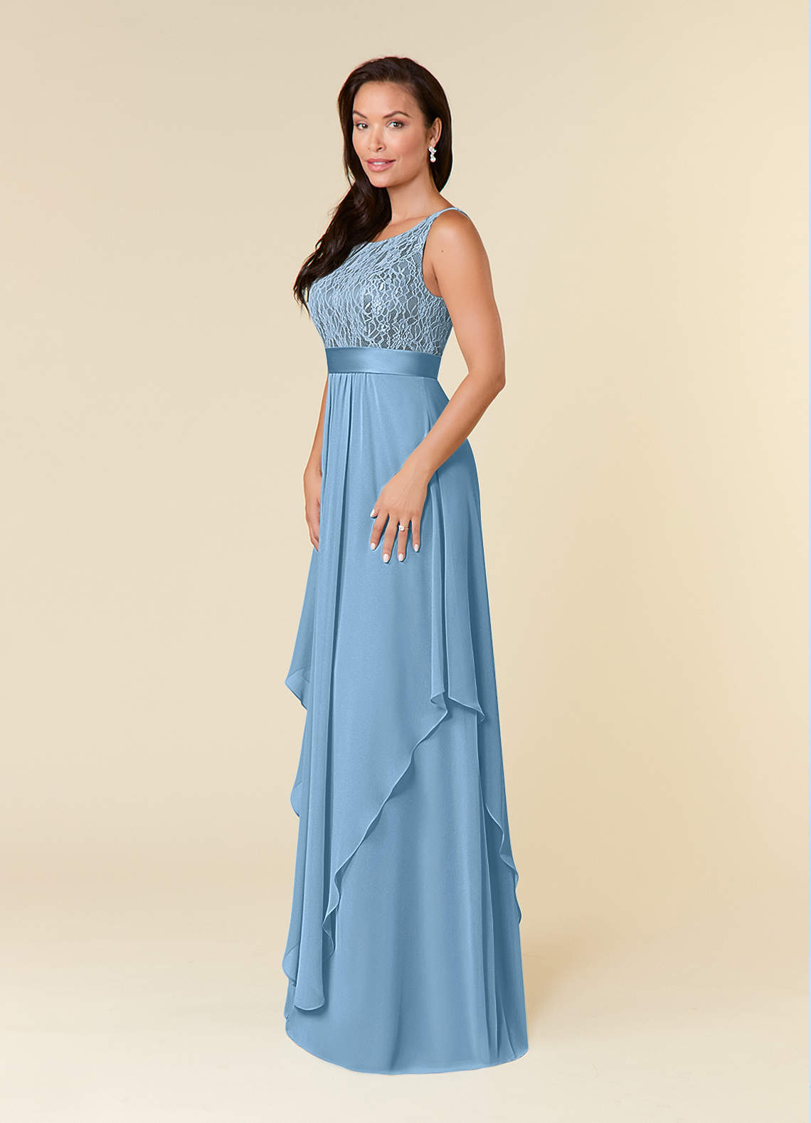 Steel Blue A-Line Lace Chiffon Dress