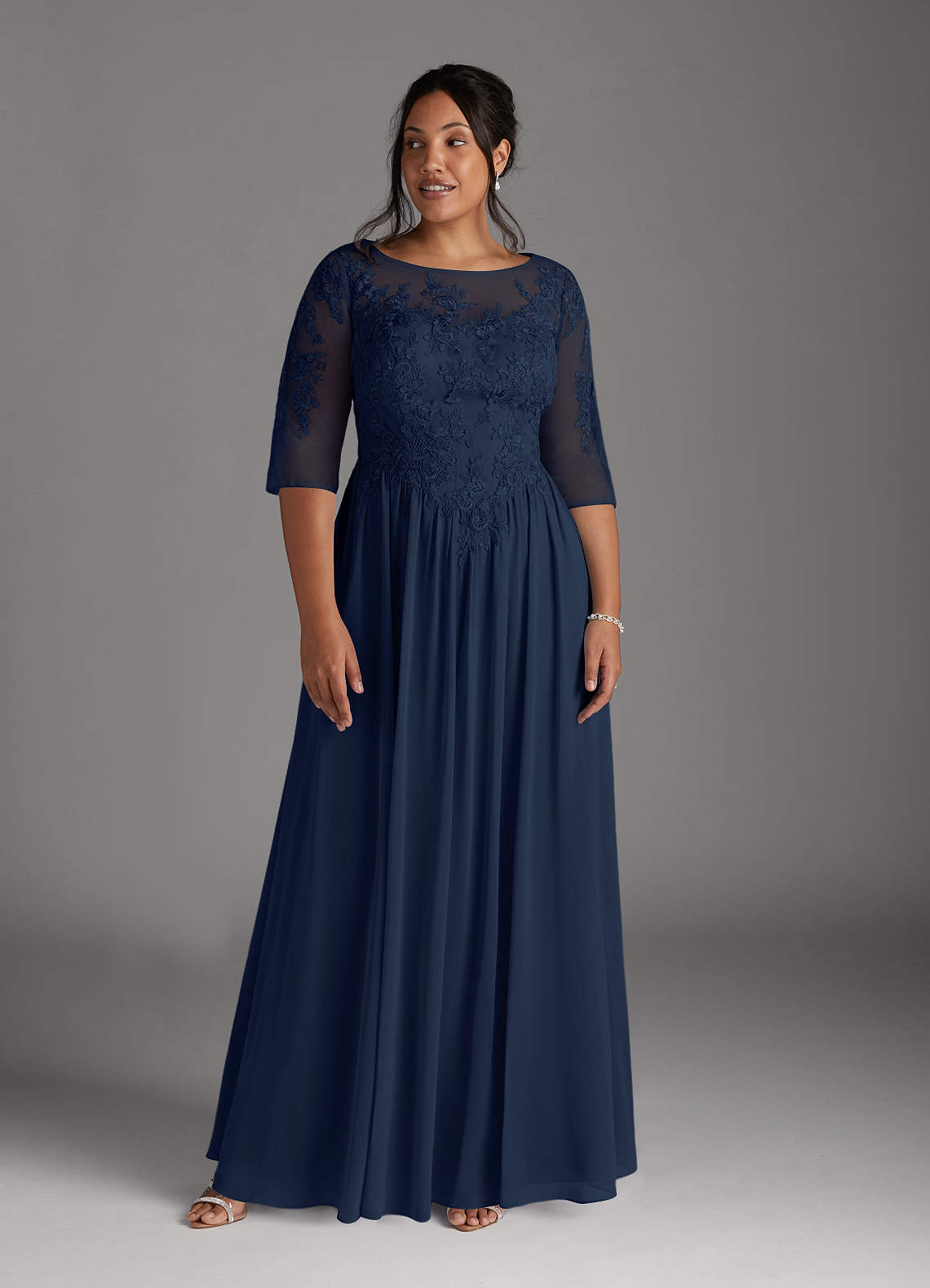Dark Navy A-Line Scoop Lace Chiffon Dress