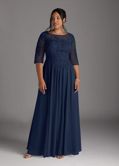 Dark Navy A-Line Scoop Lace Chiffon Dress