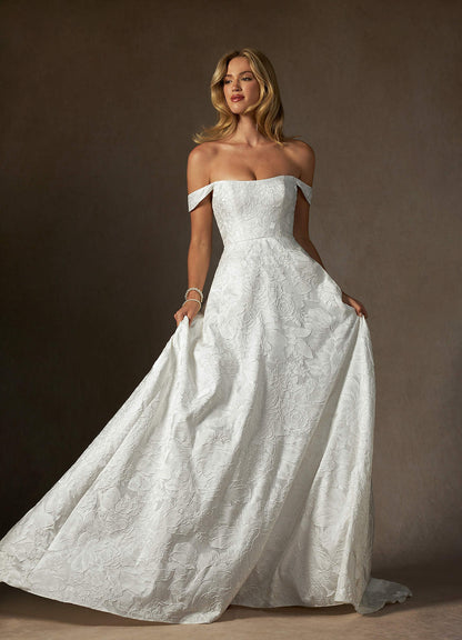 Antique White Ball-Gown Strapless Floral Jacquard Dress