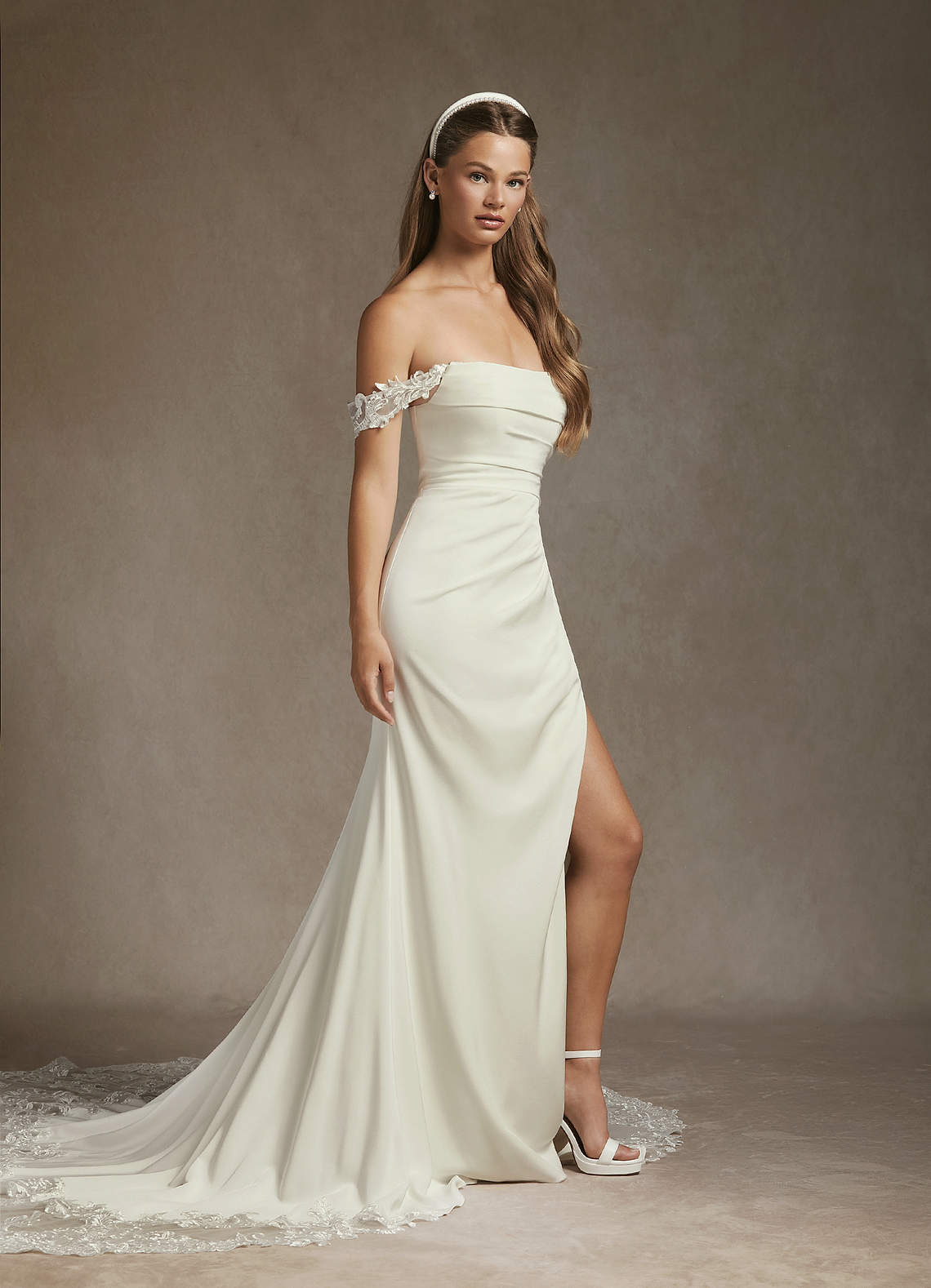 Cream Mermaid Off-The-Shouler Sequins Crepe Back Satin Dress