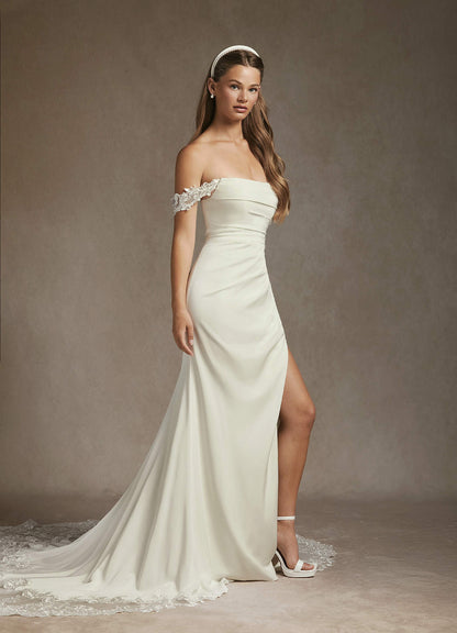Cream Mermaid Off-The-Shouler Sequins Crepe Back Satin Dress