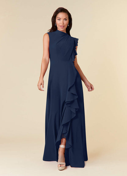 Dark Navy A-Line High Neckline Pleated Chiffon Dress