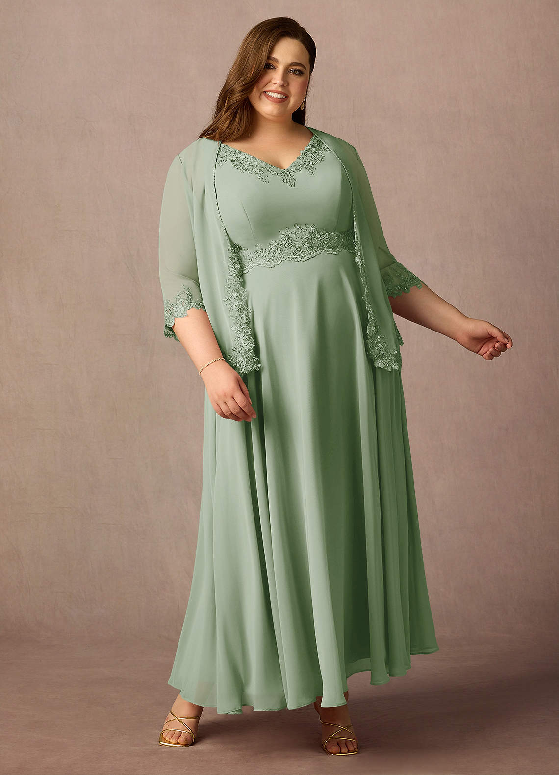 Dusty Sage A-Line Sequins Chiffon Dress