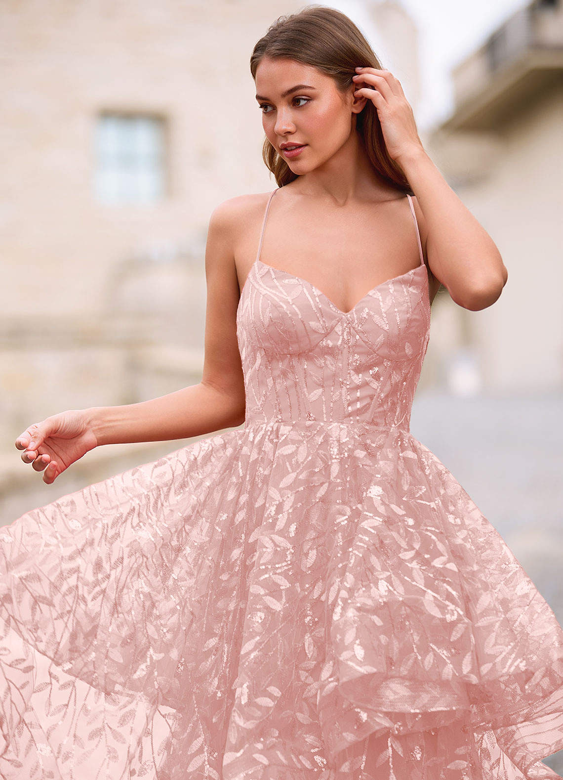 Valentina Pink Embroidered Jacquard Sheer Prom Dress  Dress