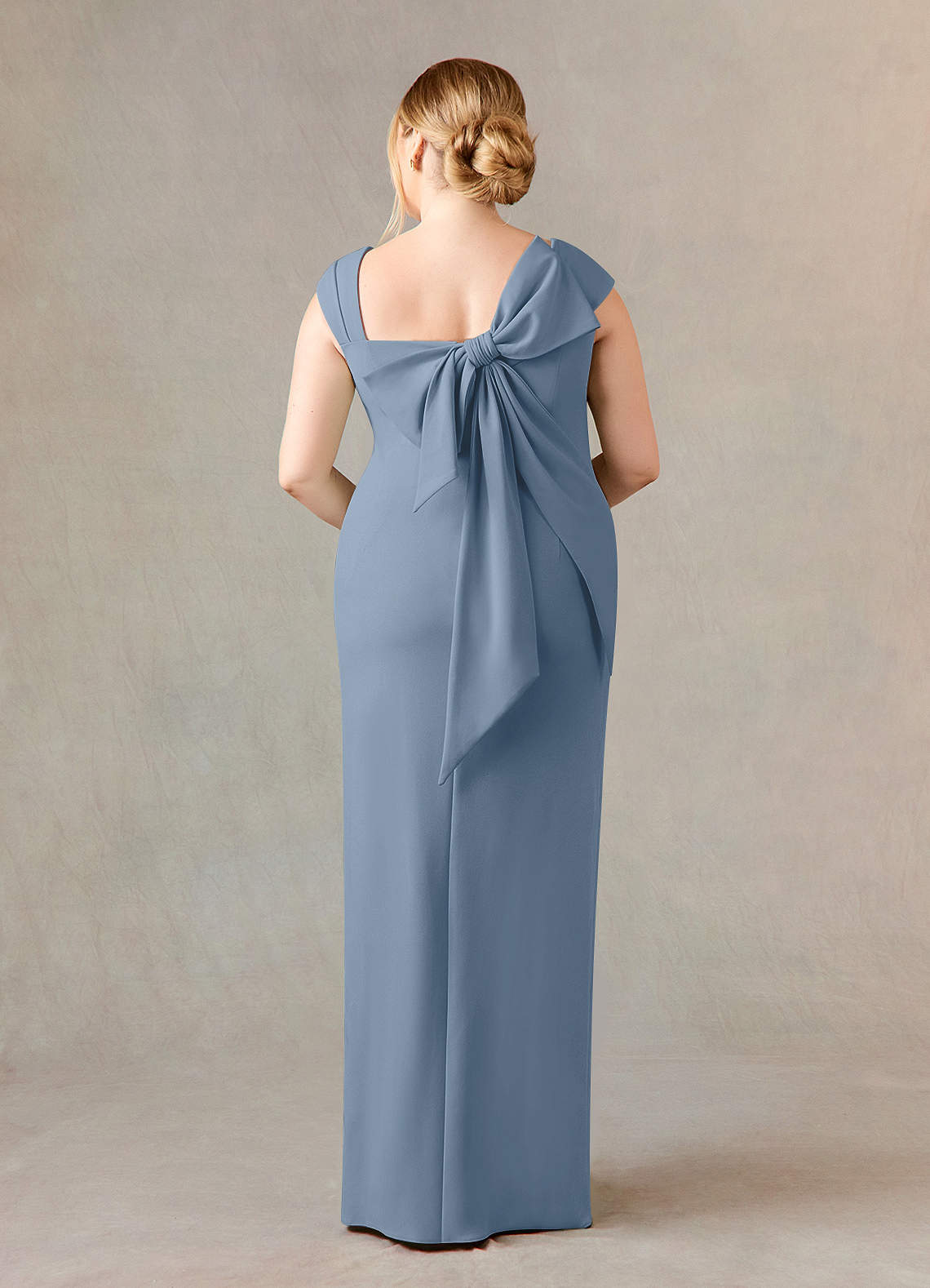 Dusty Blue Sheath Side Slit Stretch Crepe Dress