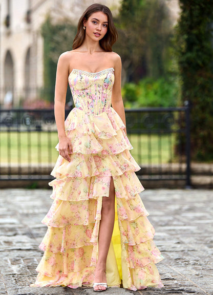 Papapym Yellow Printed Flowers Prom Dress