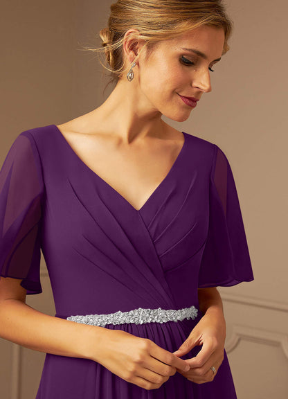 Grape A-Line V-Neck Pleated Chiffon Dress