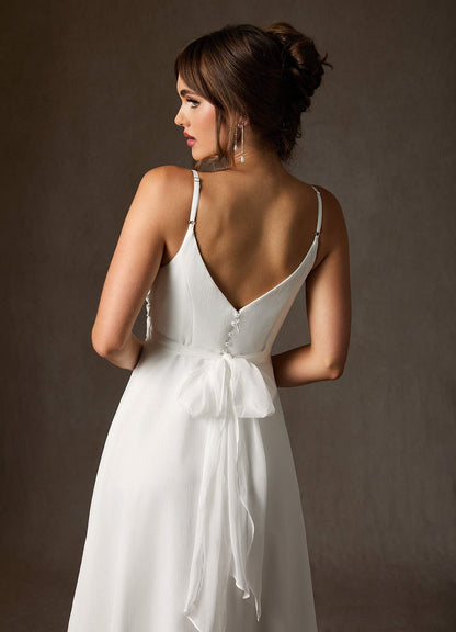 Diamond White A-Line V-Neck Pleated Crinkle Chiffon Dress