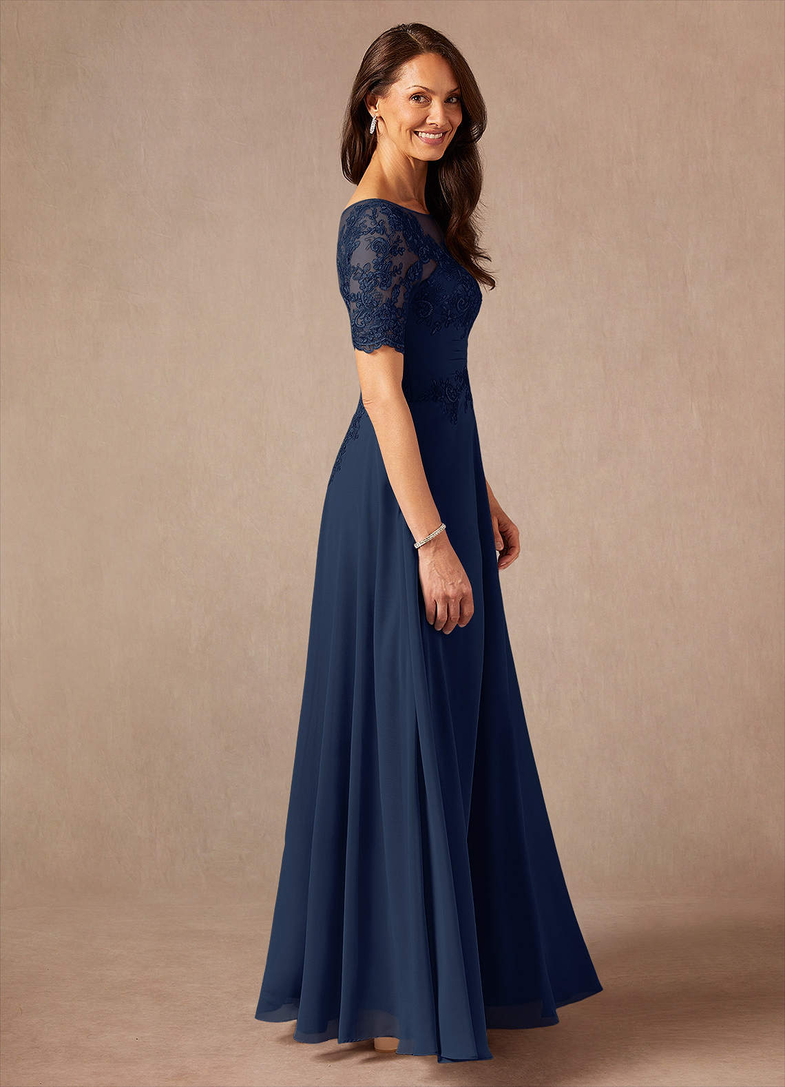 Dark Navy A-Line Lace Chiffon Dress