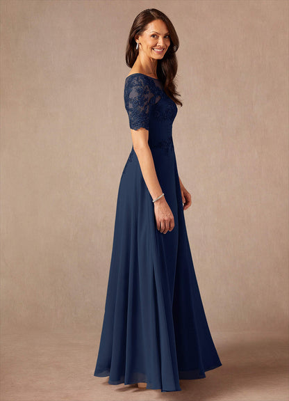 Dark Navy A-Line Lace Chiffon Dress