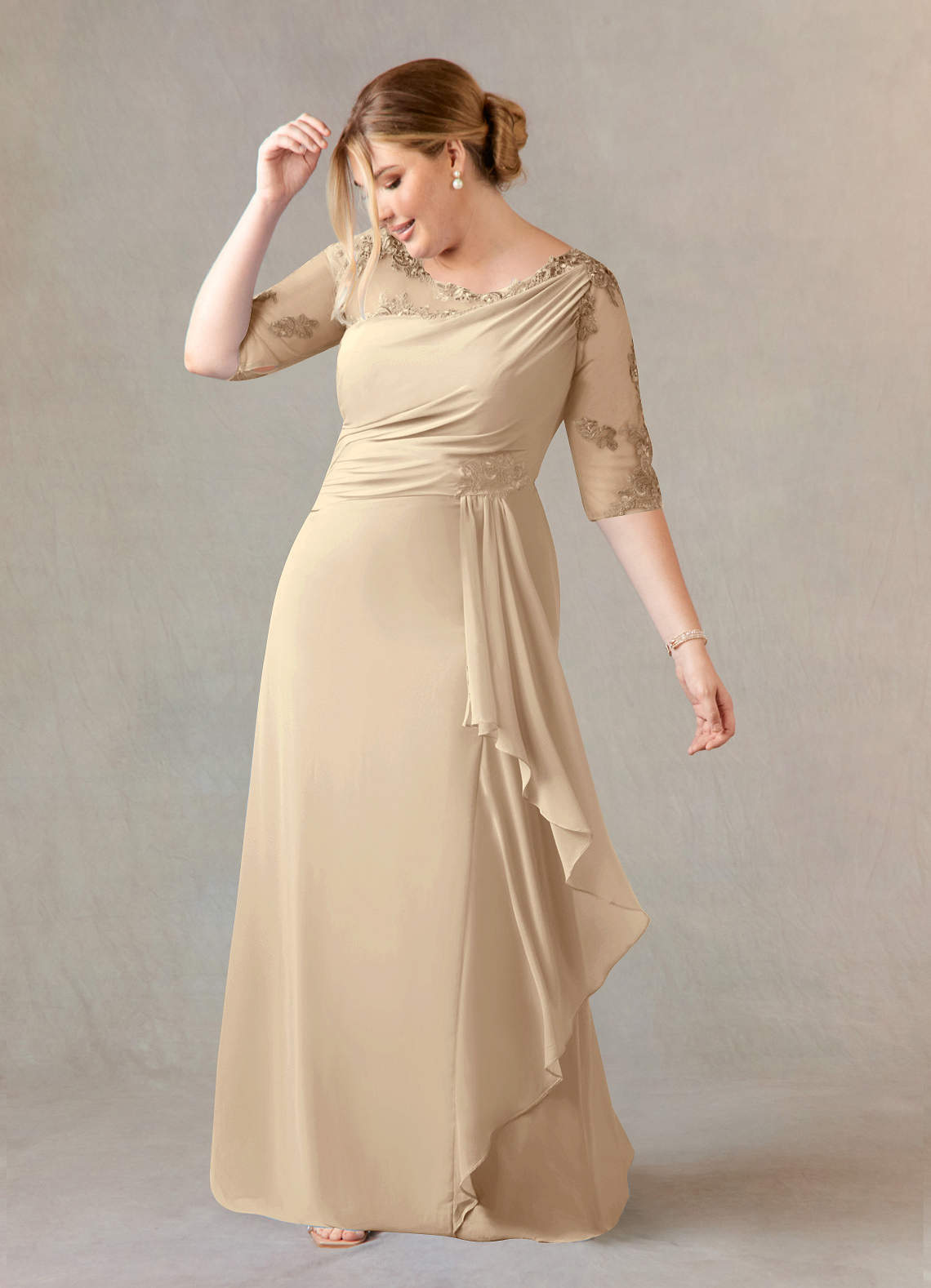 Champagne A-Line Boatneck Lace Chiffon Dress