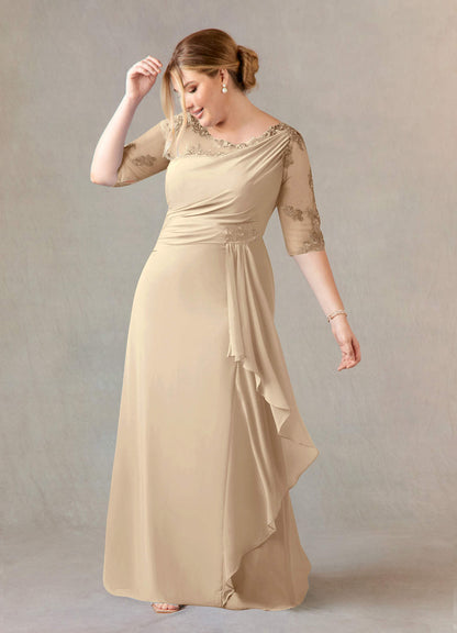 Champagne A-Line Boatneck Lace Chiffon Dress