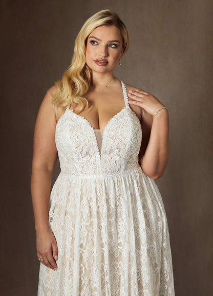Diamond White Champagne A-Line Lace Dress