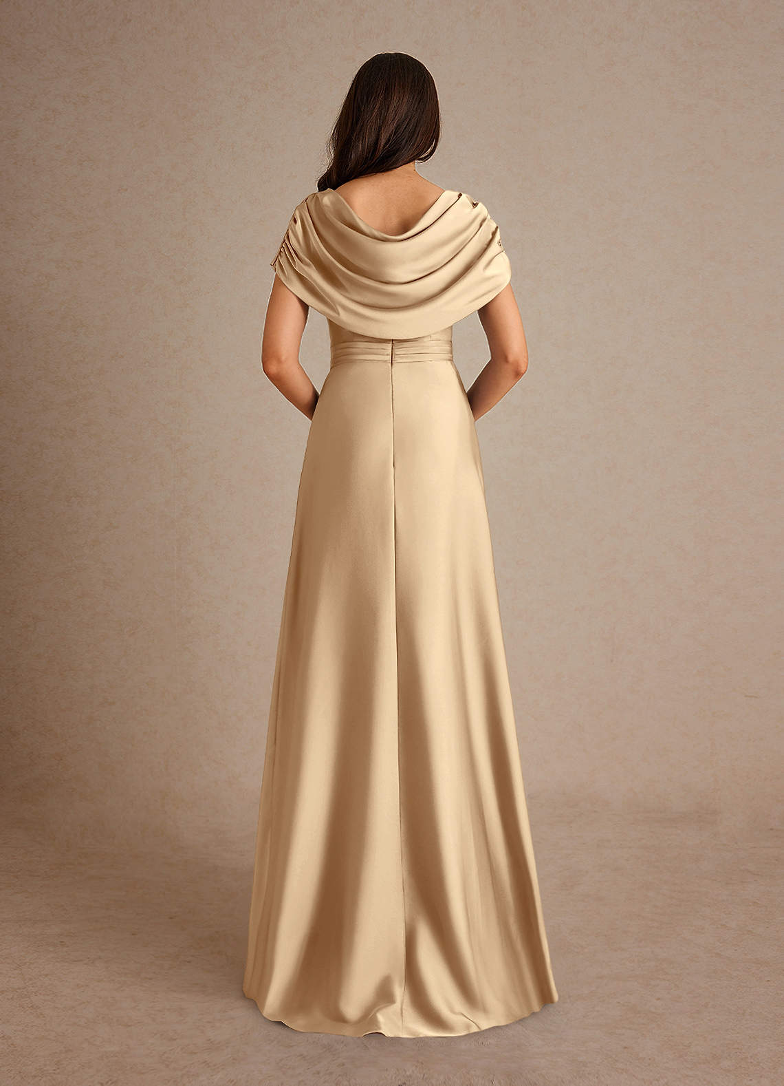 Champagne A-Line Pleated Stretch Satin Dress