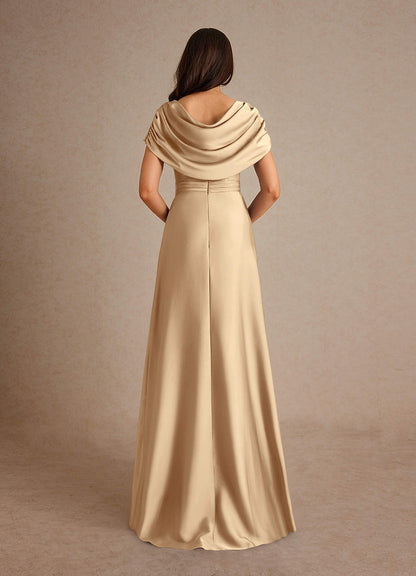Champagne A-Line Pleated Stretch Satin Dress