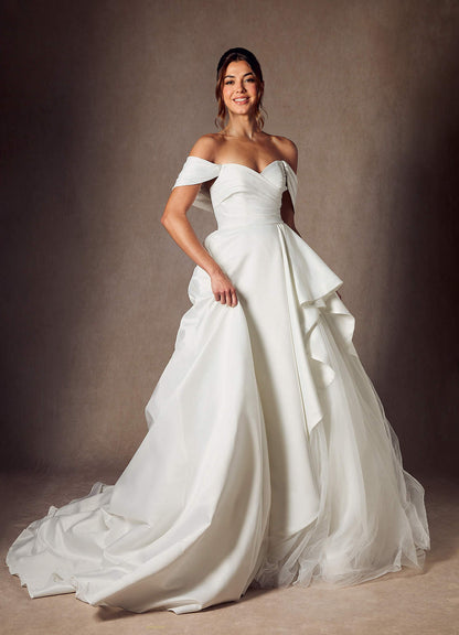 Diamond White A-Line Off the Shoulder Matte Satin Dress