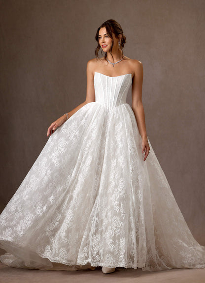Diamond White Ball-Gown Strapless Lace Dress