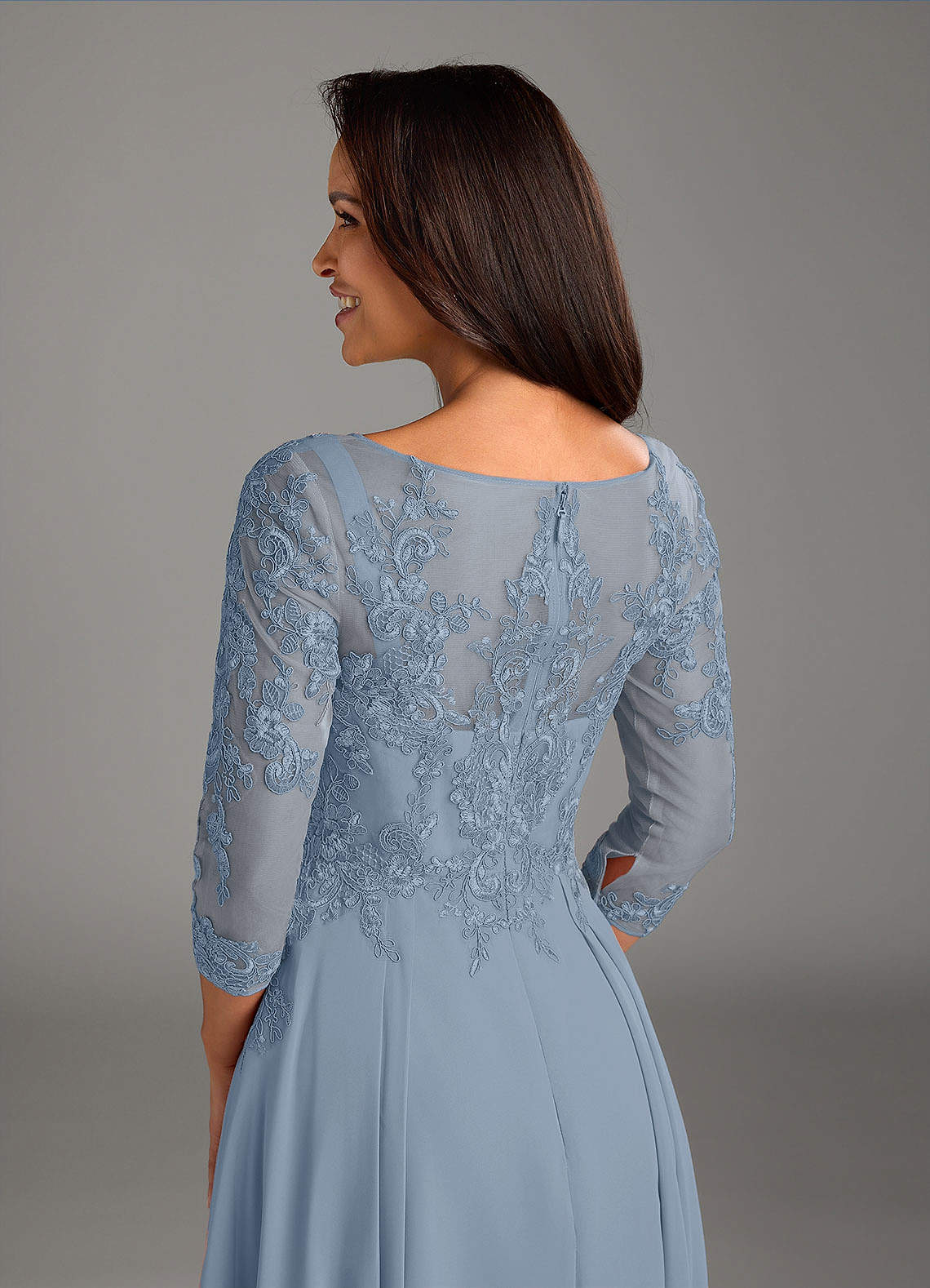 Dusty Blue A-Line Scoop Lace Chiffon Dress