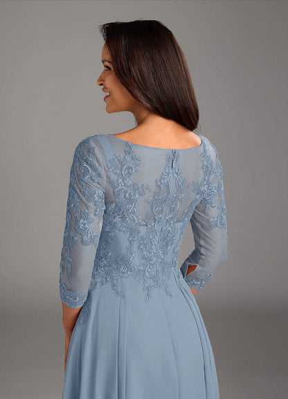 Dusty Blue A-Line Scoop Lace Chiffon Dress