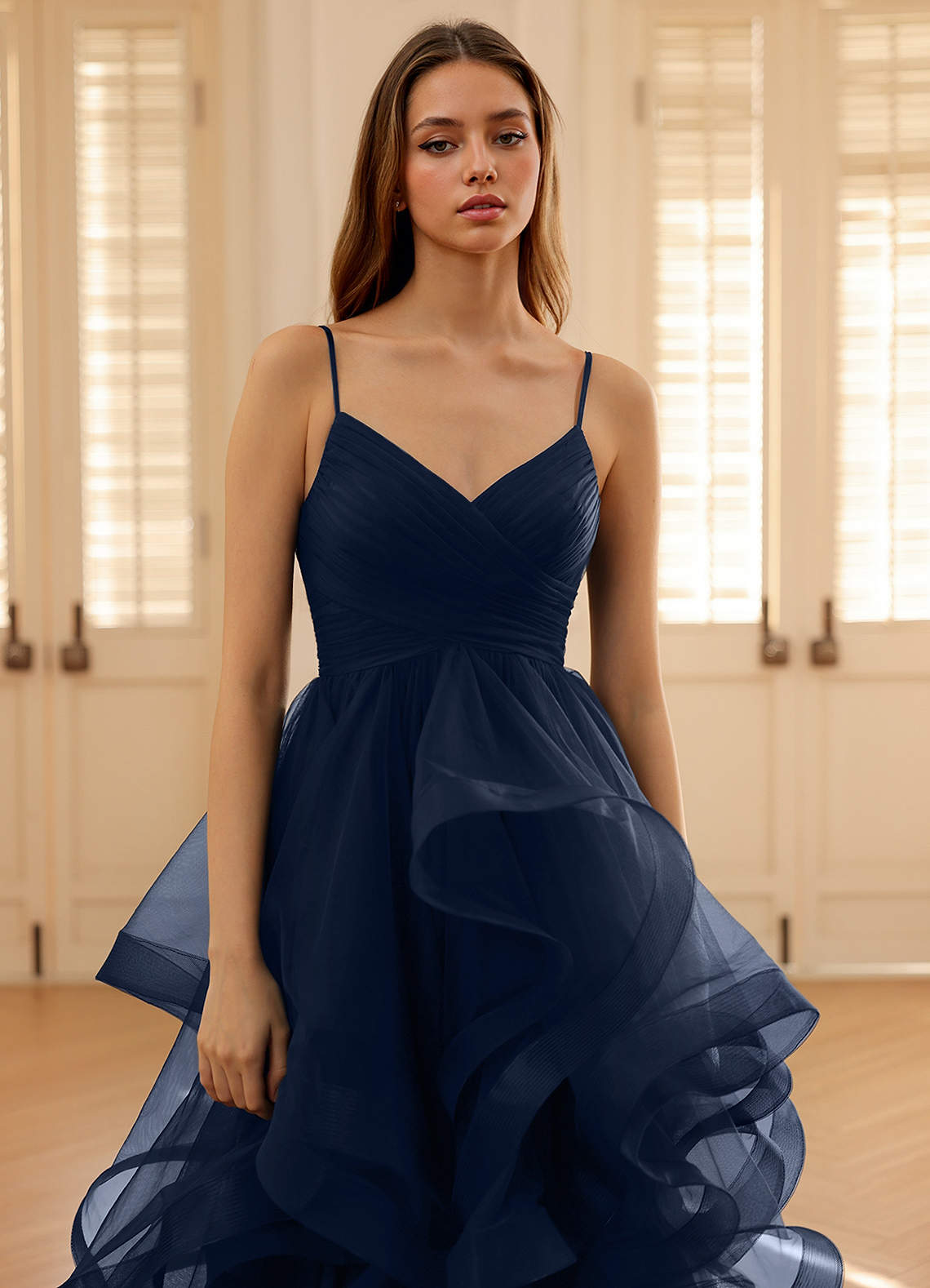 Carmencita Navy A-Line Ruffles Prom Dress