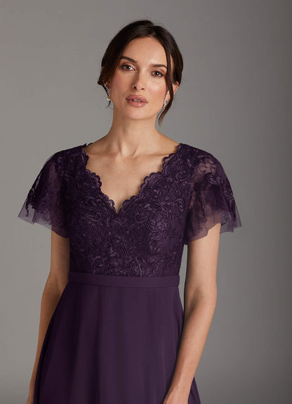 Plum A-Line V-Neck Lace Chiffon Dress