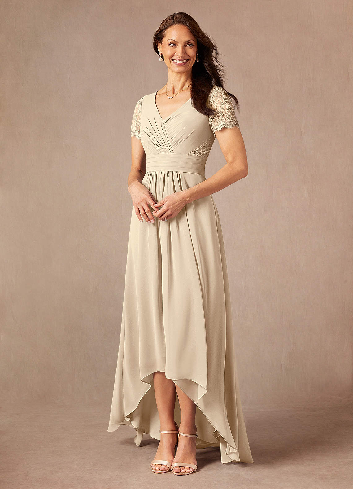 Champagne A-Line Lace Chiffon Dress