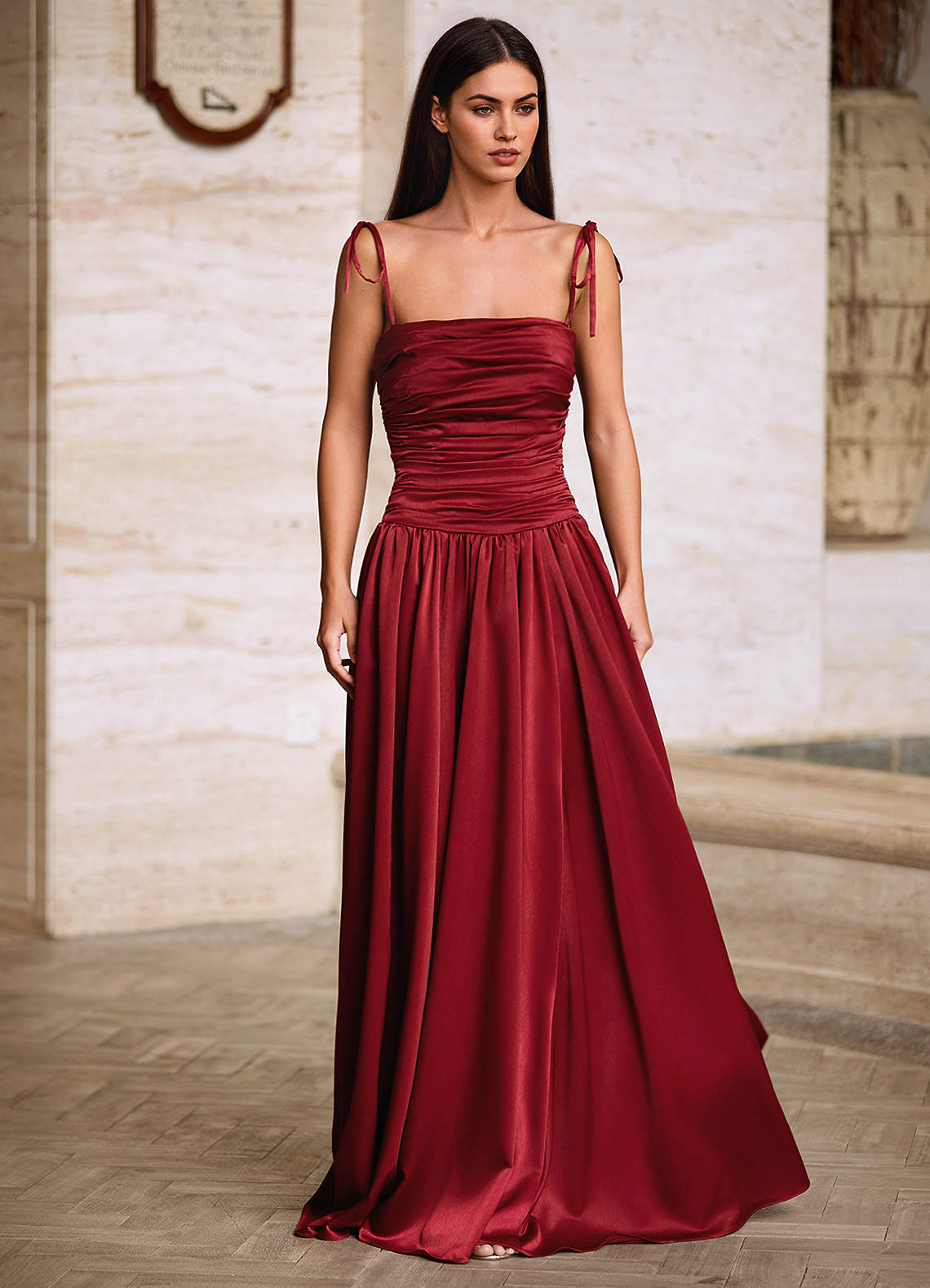 Luxa Burgundy Square Neckline Pleated Prom Dress