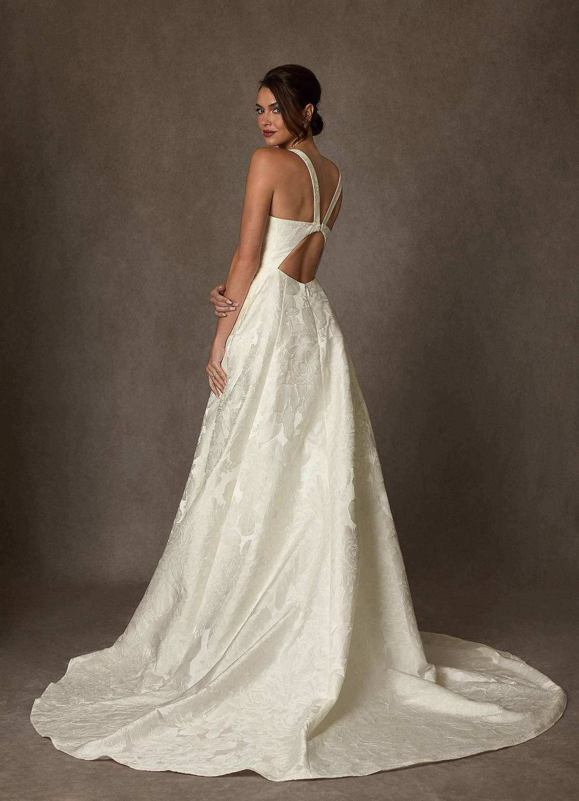 Antique White Ball-Gown Strap Floral Jacquard Dress