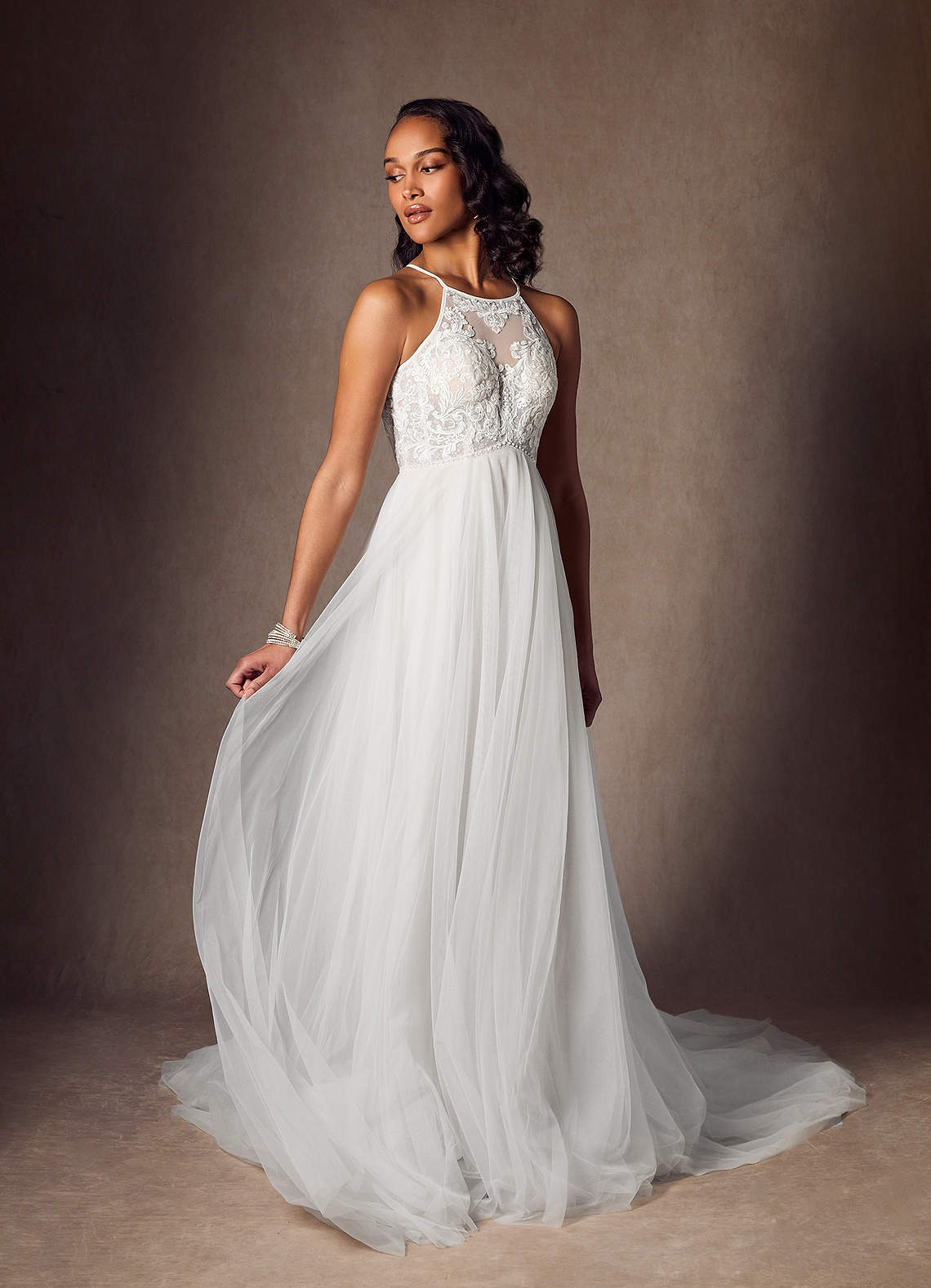 Diamond White A-Line Halter Sequins Tulle Dress