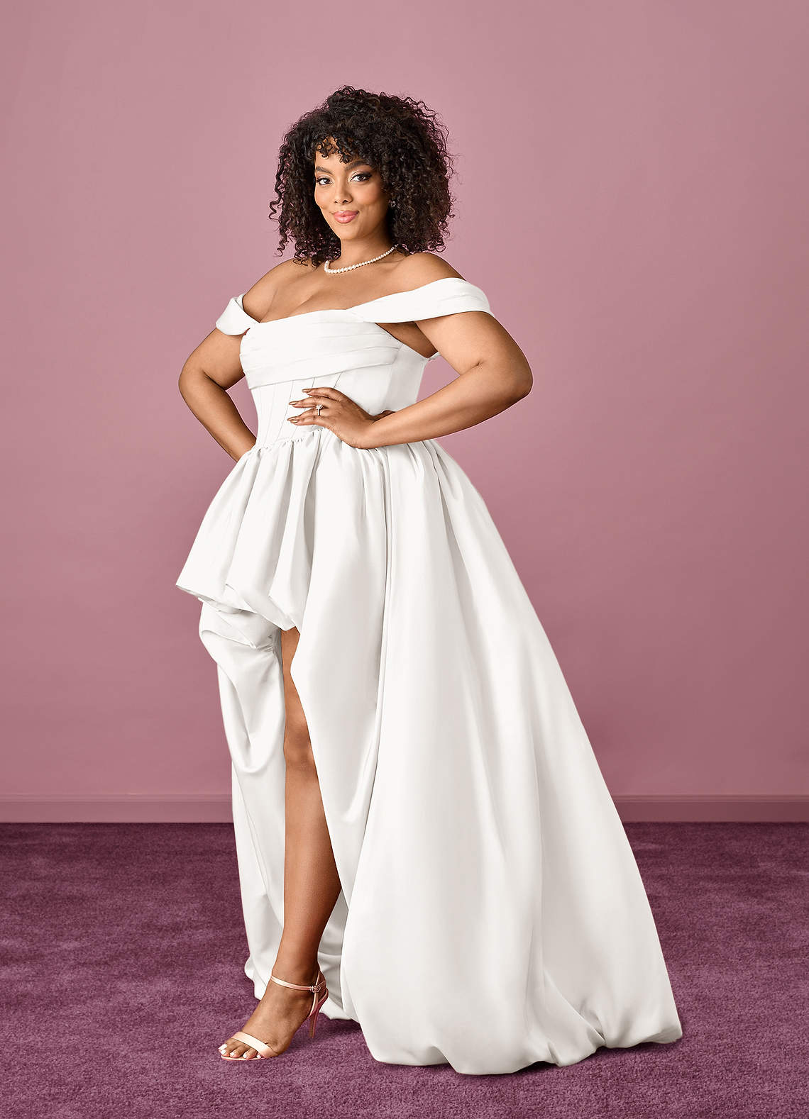 Diamond White Ball-Gown Off the Shoulder Stretch Satin Dress Diamond White